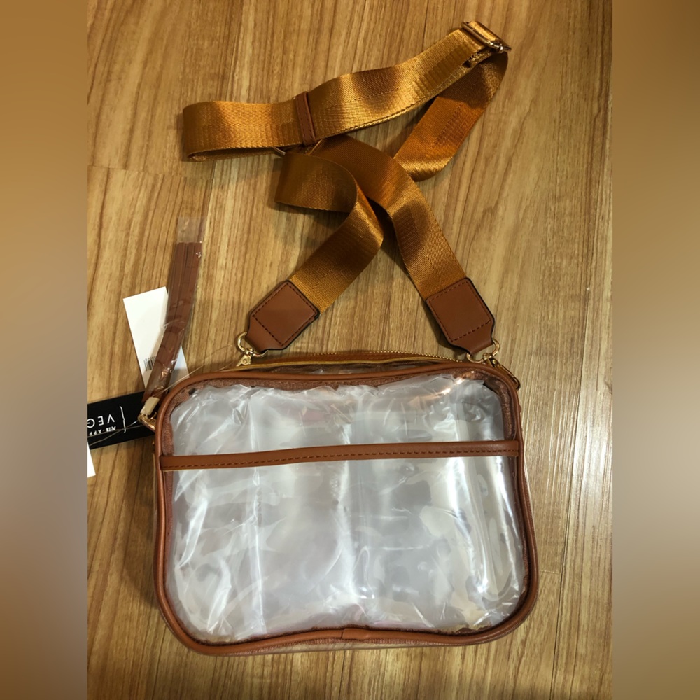 Clear transparent Brown piping trim wide strap camera crossbody stadium bag